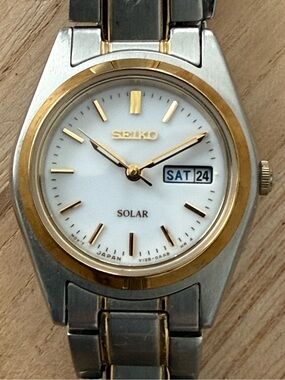 Seiko Solar Ladies Watch White Dial Two-Tone Bracelet Case Day Date Window
